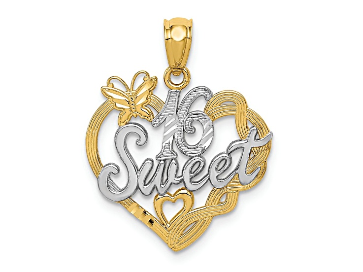 14K Two-tone Gold Textured and Diamond-Cut Sweet 16 in Heart Pendant
