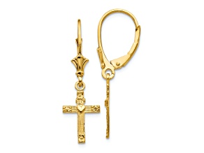 14k Yellow Gold Mini Cross with Heart Dangle Earrings