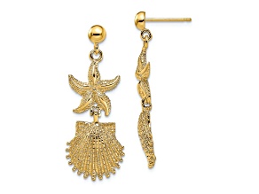 14K Yellow Gold Textured Starfish and Scallop Shell Dangle Earrings