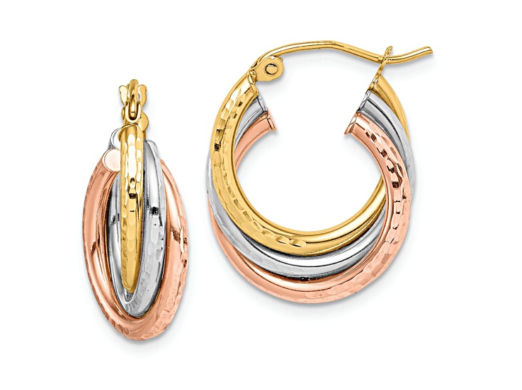 10k Yellow Gold, 10k White Gold and 10k Rose Gold 13/16" Diamond-Cut Triple Hoop Earrings