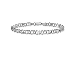 Rhodium Over 14k White Gold 4mm Double Link with Hearts Charm Bracelet
