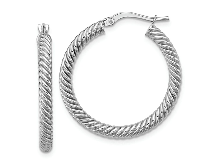 Rhodium Over 14k White Gold 1 1/16" Twisted Round Hoop Earrings
