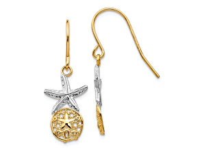 14K Two-tone Gold Textured Starfish with Sand Dollar Dangle Earrings