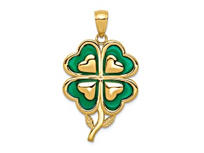 10K Yellow Gold Green Enameled Four Leaf Clover Pendant