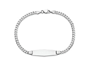 Rhodium Over 14k White Gold Flat Curb Link Soft Diamond Shape ID Bracelet
