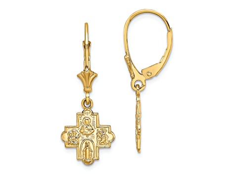 14k Yellow Gold Textured Small 4-Way Medal Cross Dangle Earrings