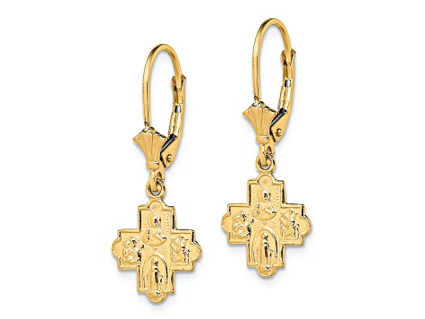 14k Yellow Gold Textured Small 4-Way Medal Cross Dangle Earrings