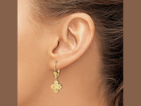 14k Yellow Gold Textured Small 4-Way Medal Cross Dangle Earrings