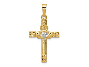14K Yellow Gold with White Rhodium Polished Claddagh Cross Pendant