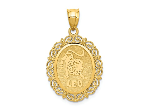 14k Yellow Gold Solid Satin, Polished and Textured Leo Zodiac Oval Pendant