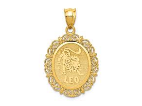 14k Yellow Gold Solid Satin, Polished and Textured Leo Zodiac Oval Pendant
