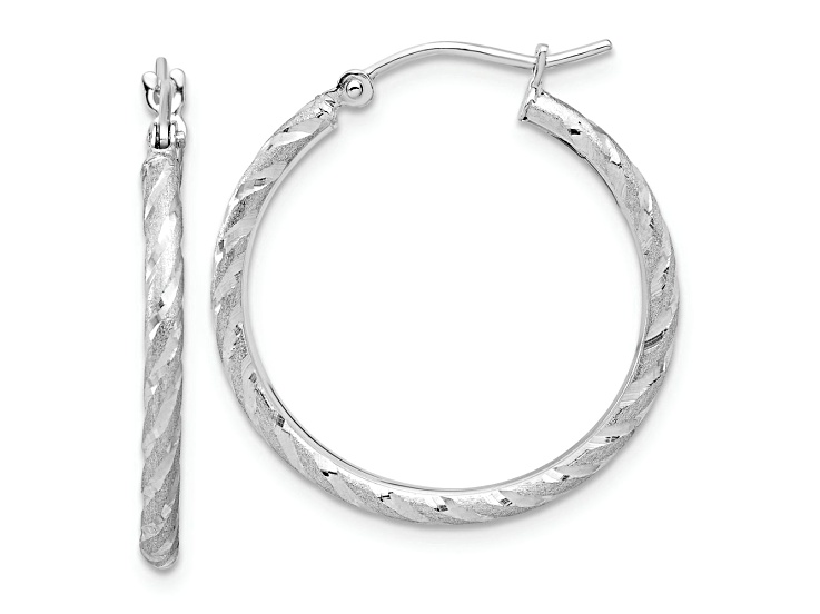 Rhodium Over 14k White Gold Polished, Satin and Diamond-Cut 1 1/16" Hoop Earrings