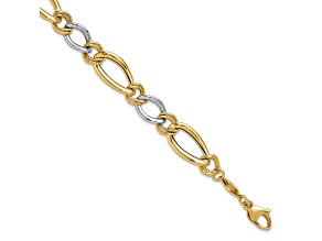 14k Two-tone Gold 8mm Polished and Textured Fancy Oval Curb Link Bracelet