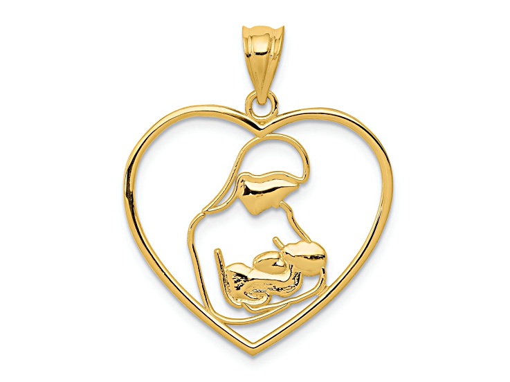 14k Yellow Gold Mother and Child in Heart Pendant