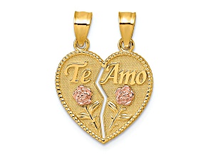 14K Yellow Gold With Rose Gold Accent Break Apart Heart With Te Amo And Roses Pendant