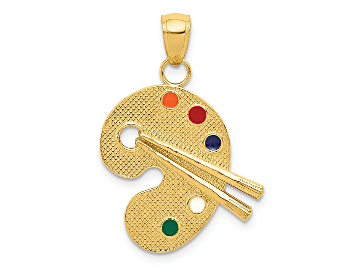 14k Yellow Gold Multi-color Enameled Textured Artist Palette Pendant