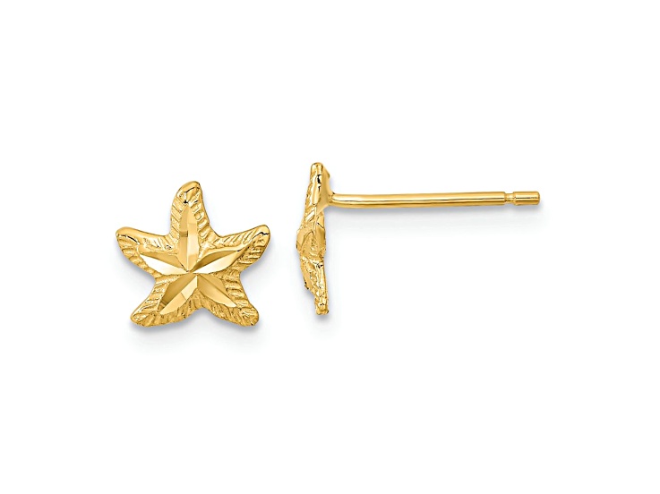 14k Yellow Gold Polished and Diamond-Cut Starfish Stud Earrings