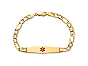 14k Yellow Gold Medical Soft Diamond Shape Red Enamel Figaro Link ID Bracelet
