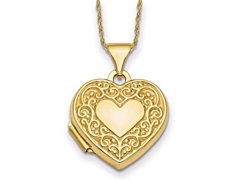 10k Polished Fancy Scroll Design 15mm Heart Locket Necklace.