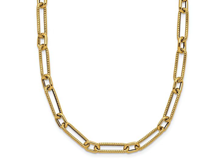 14k Yellow Gold Polished and Textured Fancy Link 18 Inch Necklace