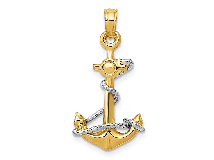 10K Yellow Gold and 10K White Gold 3D Textured Anchor With Rope Pendant
