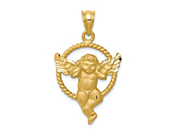 Picture of 14k Yellow Gold Satin and Diamond-Cut Angel in Circle Pendant