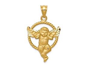 14k Yellow Gold Satin and Diamond-Cut Angel in Circle Pendant