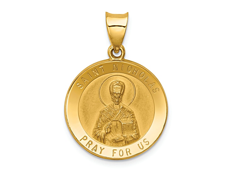 14K Yellow Gold Polished and Satin St Nicholas Medal Hollow Pendant