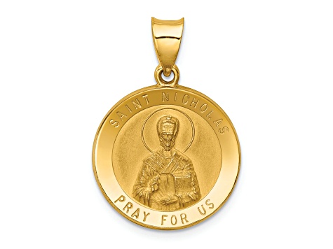 14K Yellow Gold Polished and Satin St Nicholas Medal Hollow Pendant