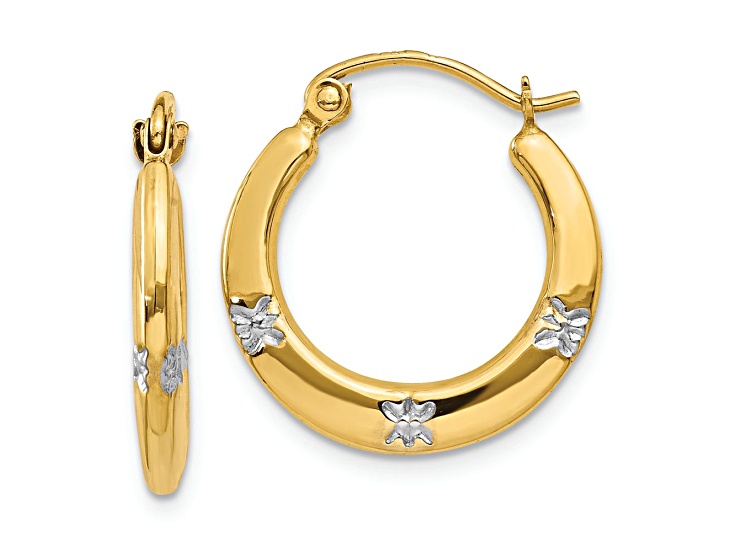 14k Yellow Gold and Rhodium Over 14k Yellow Gold 11/16" Flowers Hoop Earrings