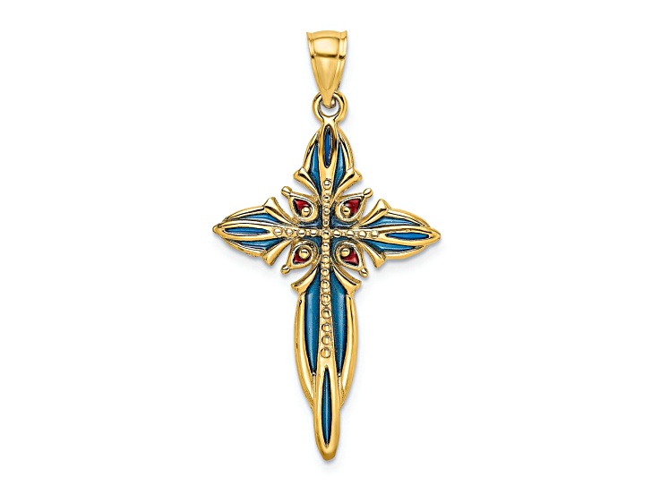 14k Yellow Gold Textured Blue and Red Enameled Cross Charm