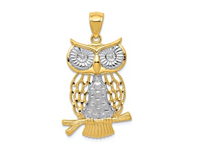14K Two-tone Gold Diamond-cut Polished Moveable Owl Pendant
