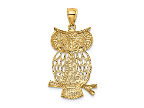 14K Two-tone Gold Diamond-cut Polished Moveable Owl Pendant