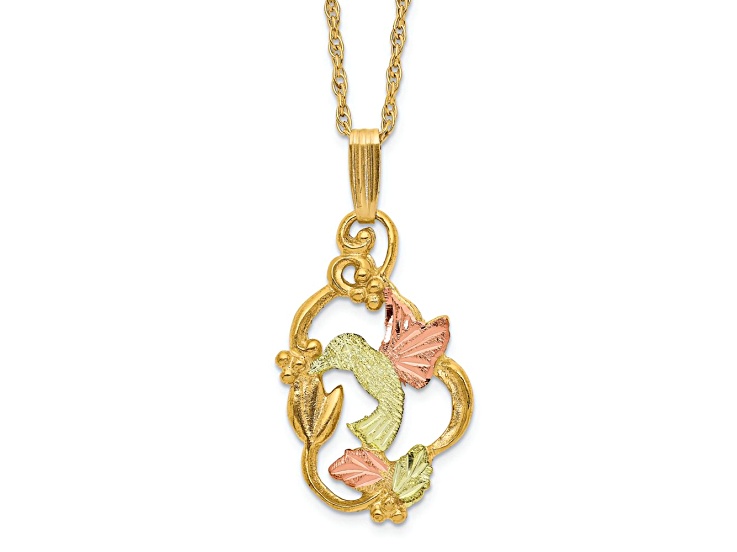 10k Yellow Gold With 12k Rose Gold and 12k Green Gold Accent Hummingbird Pendant With 18 Inch Chain