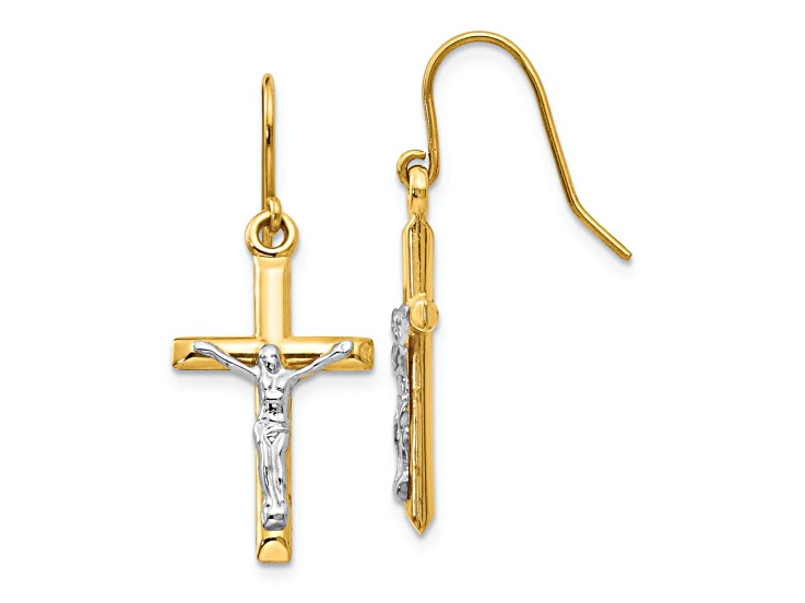 14k Yellow Gold and 14k White Gold Polished Crucifix Dangle Earrings