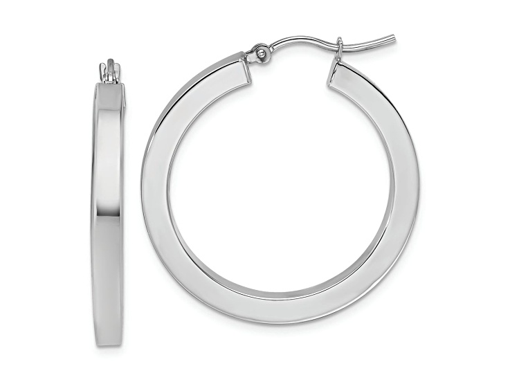 Rhodium Over 10k White Gold 1 3/16 inch Polished Square Tube Hoop Earrings
