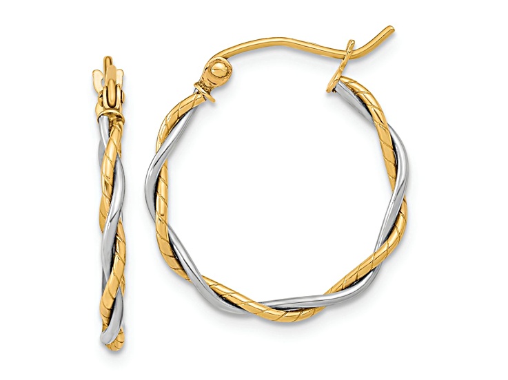 10k Yellow Gold and 10k White Gold 7/8" Polished Twisted Hoop Earrings