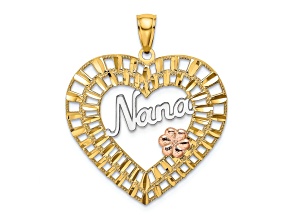 14K Tri-color Gold Textured Diamond-Cut Nana in Heart with Flower Charm