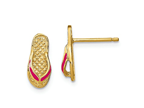 14k Yellow Gold 3D with Fuschia Enamel Single Flip-Flop Stud Earrings ...