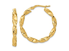 14k Yellow Gold Polished and Textured Twisted Hoop Earrings