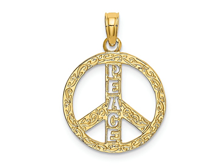 14k Yellow Gold Flat Hammered Textured Peace Sign Charm