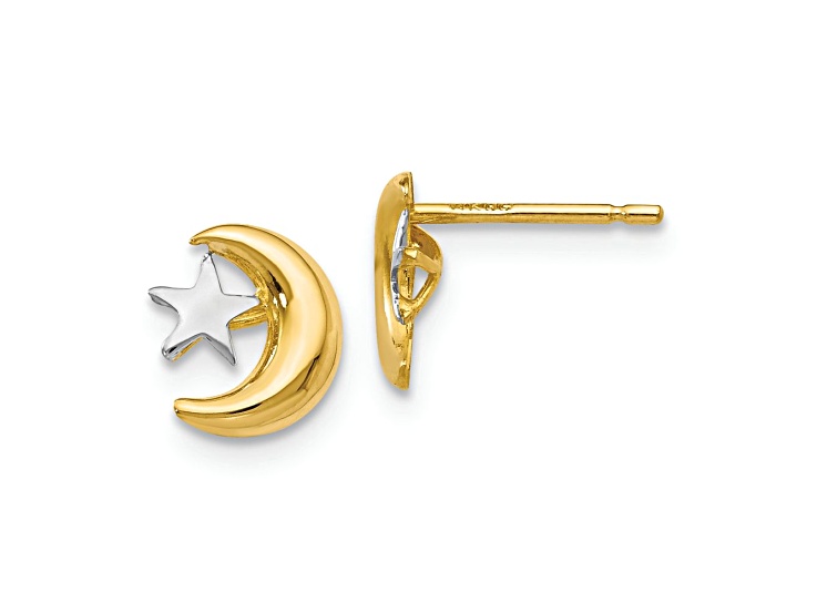 14k Yellow Gold and Rhodium Over 14k Yellow Gold Polished Moon and Star Stud Earrings