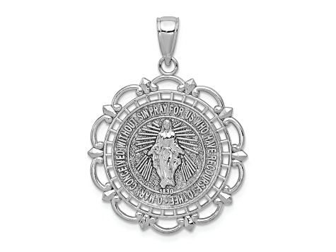 Rhodium Over 14K White Gold Miraculous Medal With Scallop Frame Pendant