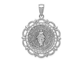 Rhodium Over 14K White Gold Miraculous Medal With Scallop Frame Pendant