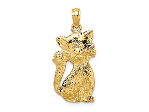 14k Yellow Gold Textured Sitting Cat Pendant