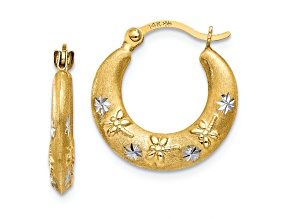 14k Yellow Gold and Rhodium Over 14k Yellow Gold 9/16" Satin Diamond-Cut Hoop Earrings