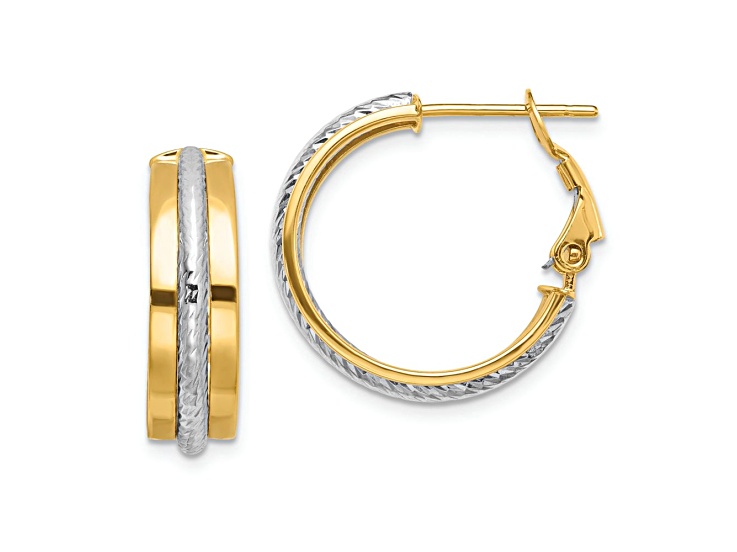 14k Yellow Gold and 14k White Gold Polished Diamond-Cut 13/16" Hoop Earrings