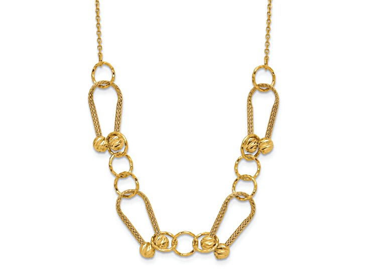 14k Yellow Gold Polished, Textured and Diamond-Cut Fancy Link 17 Inch Necklace