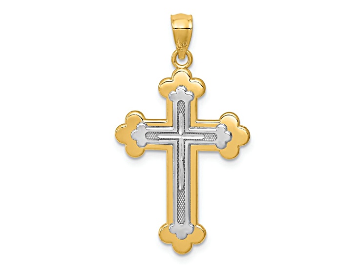 14k Yellow Gold and 14k White Gold Budded Cross Pendant
