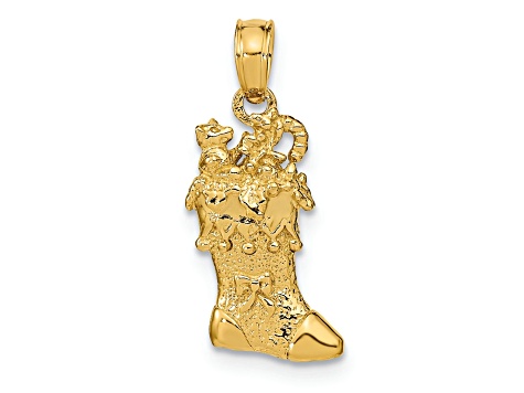 14k Yellow Gold Solid 3D Polished and Textured Christmas Stocking Pendant